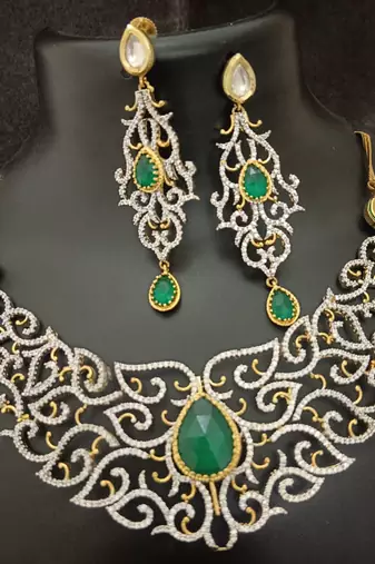 Cz emerald white vilandi kundan exclusive jewellery set