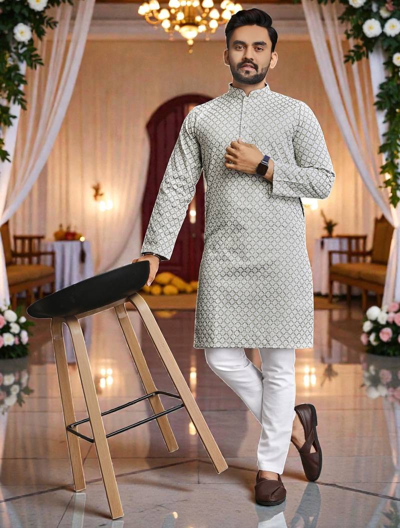  grey  schifli embroidered men's  art silk kurta