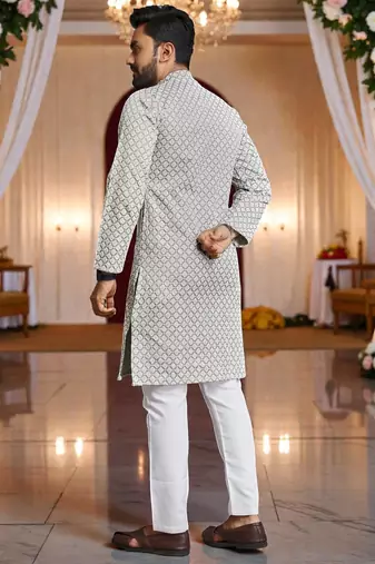 grey  schifli embroidered men's  art silk kurta