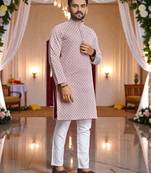  pink  schifli embroidered men's  art silk kurta