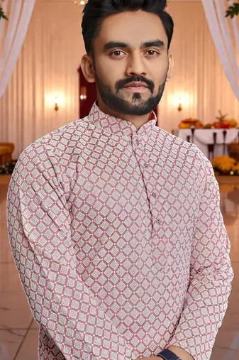  pink  schifli embroidered men's  art silk kurta