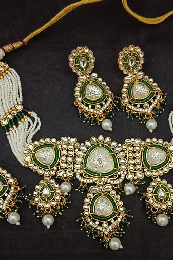 Green moissanite double stones pearls bridal jewellery set