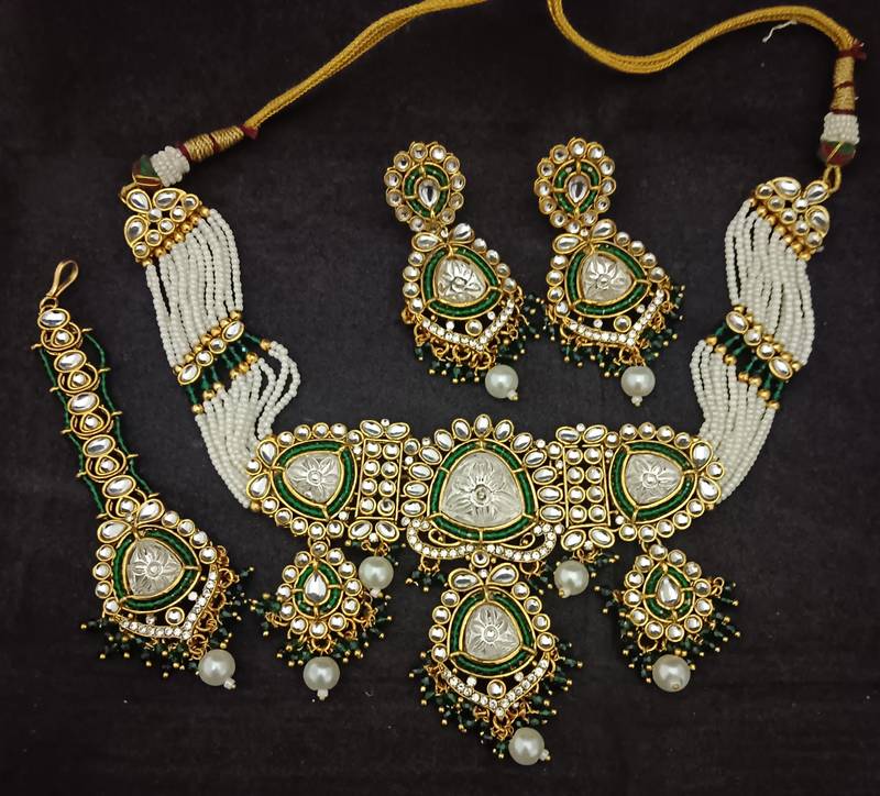 Green moissanite double stones pearls bridal jewellery set