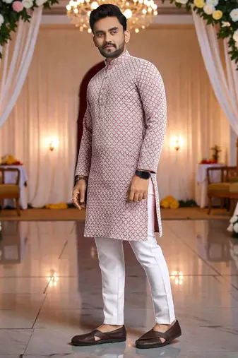  pink  schifli embroidered men's  art silk kurta
