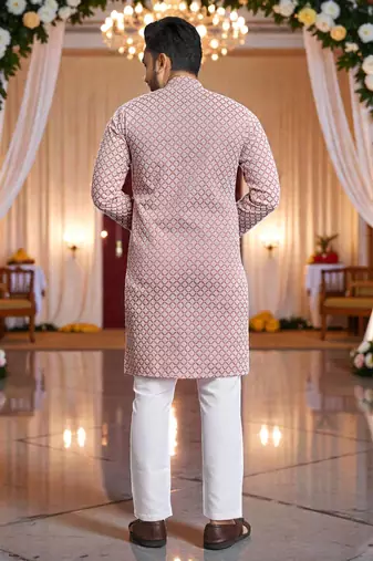  pink  schifli embroidered men's  art silk kurta