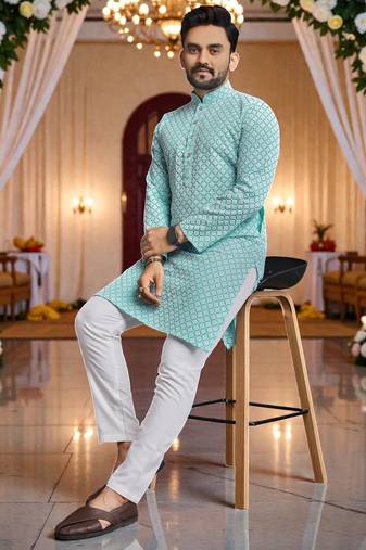  sky blue  schifli embroidered men's  art silk kurta
