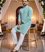  sky blue  schifli embroidered men's  art silk kurta
