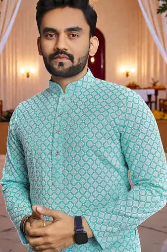  sky blue  schifli embroidered men's  art silk kurta