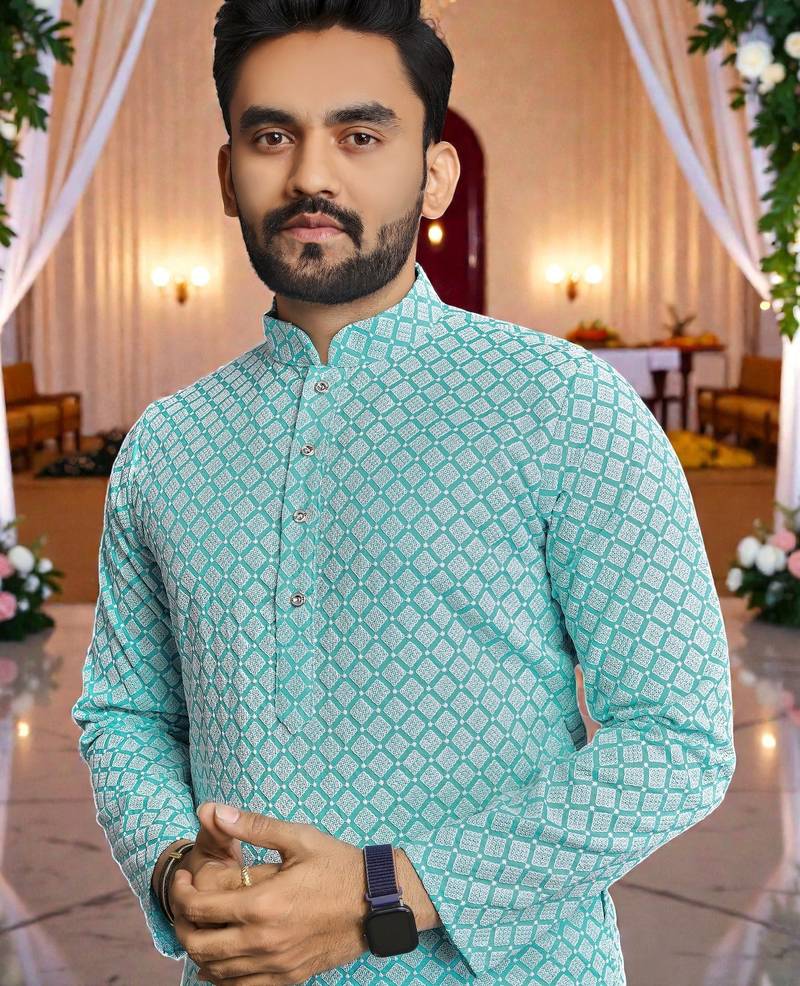  sky blue  schifli embroidered men's  art silk kurta