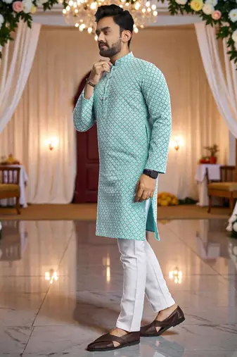  sky blue  schifli embroidered men's  art silk kurta