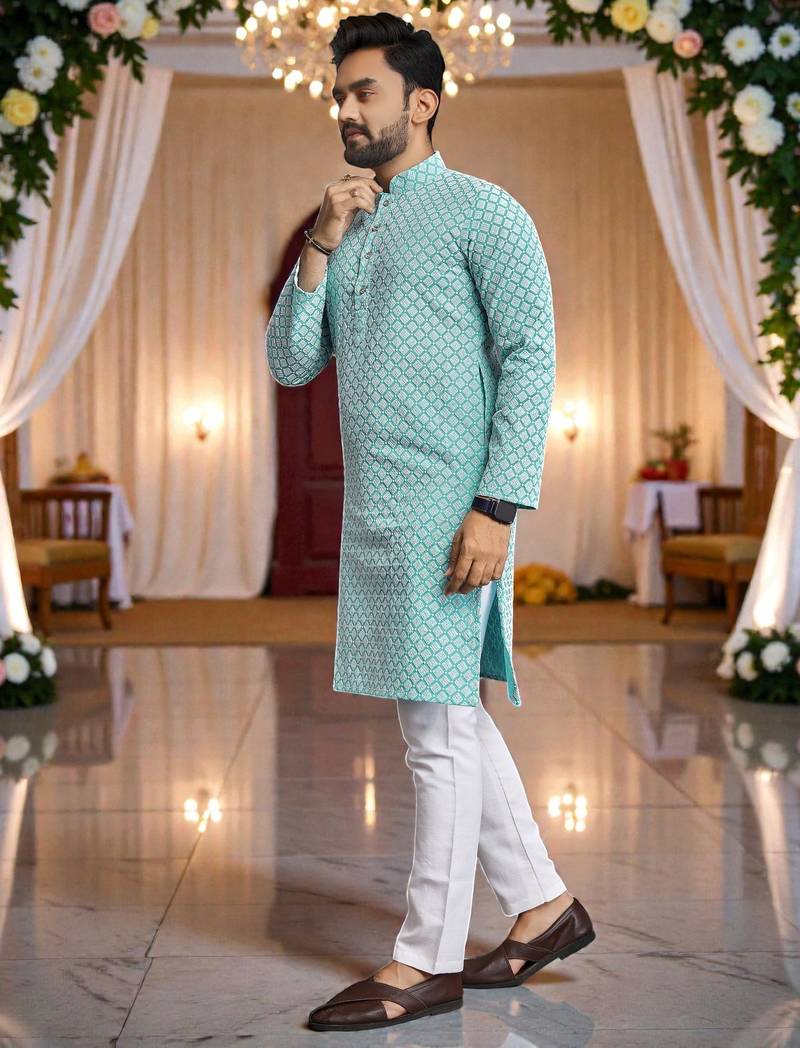  sky blue  schifli embroidered men's  art silk kurta