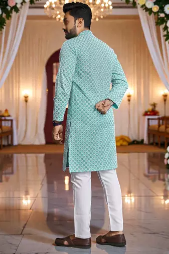  sky blue  schifli embroidered men's  art silk kurta