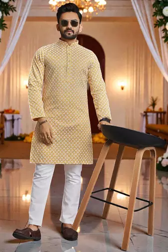  yellow  schifli embroidered men's  art silk kurta