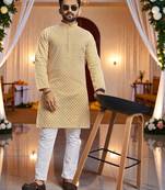  yellow  schifli embroidered men's  art silk kurta