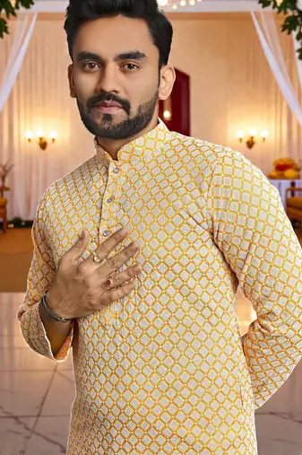  yellow  schifli embroidered men's  art silk kurta
