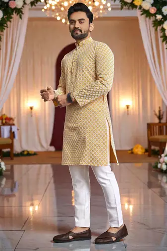  yellow  schifli embroidered men's  art silk kurta