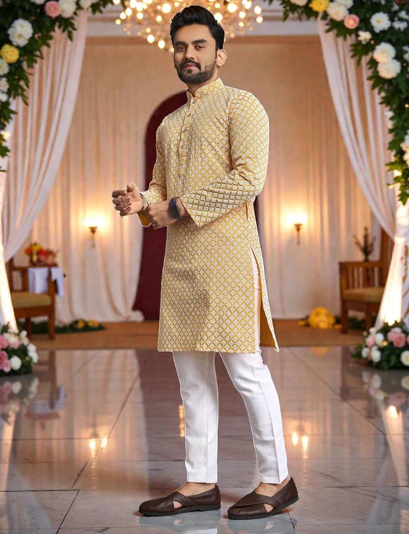  yellow  schifli embroidered men's  art silk kurta