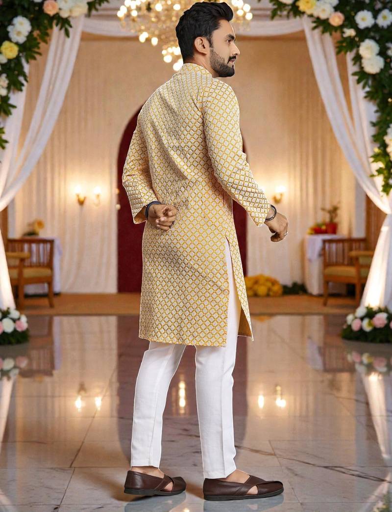  yellow  schifli embroidered men's  art silk kurta