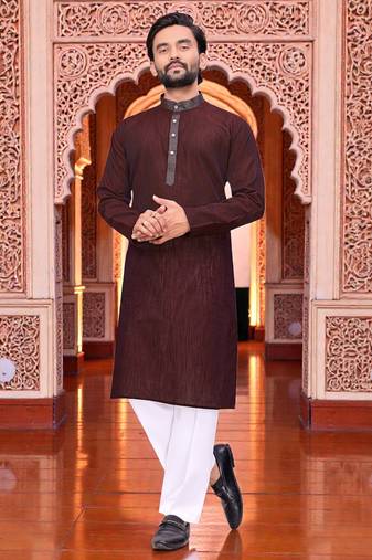  maroon  linen plain men's kurta