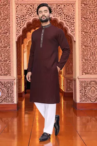  maroon  linen plain men's kurta