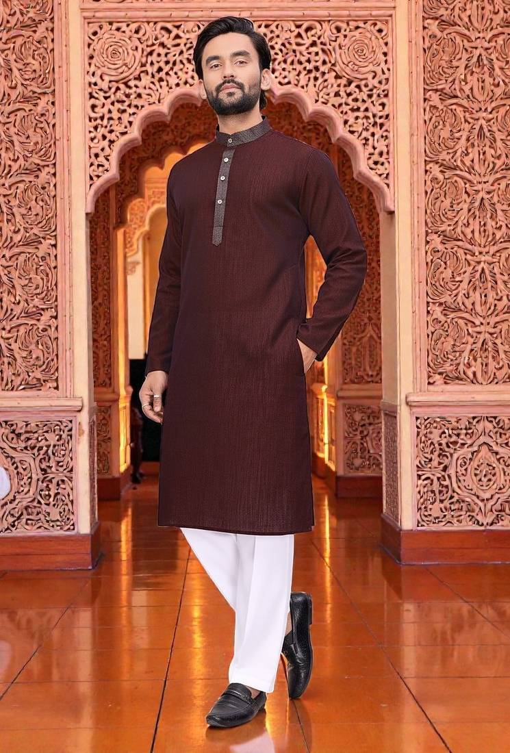  maroon  linen plain men's kurta