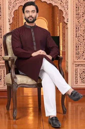  maroon  linen plain men's kurta