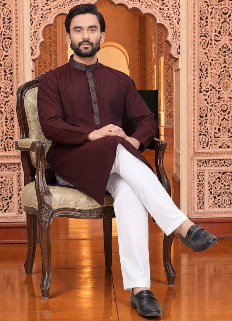 maroon  linen plain men's kurta