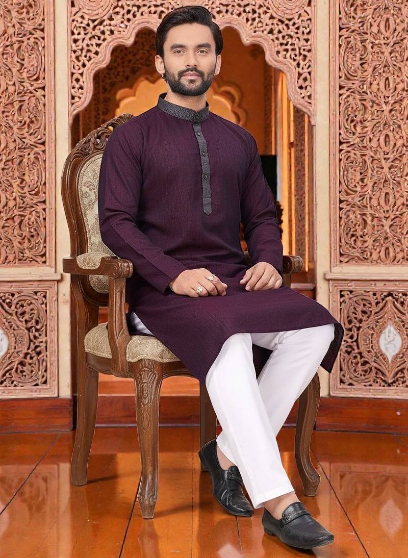  wine  linen plain men's kurta