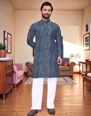  blue  bandhej foil print  men's rayon  kurta 1