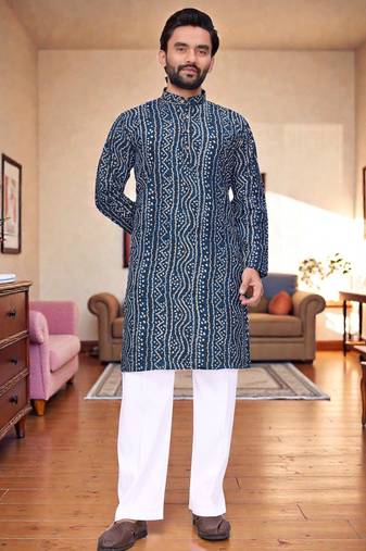  blue  bandhej foil print  men's rayon  kurta