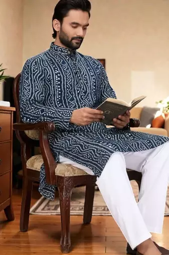  blue  bandhej foil print  men's rayon  kurta