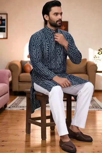  blue  bandhej foil print  men's rayon  kurta