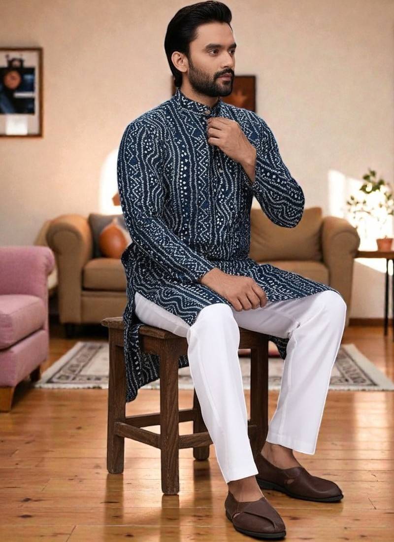  blue  bandhej foil print  men's rayon  kurta