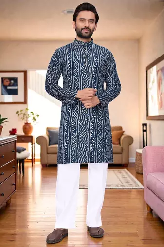  blue  bandhej foil print  men's rayon  kurta