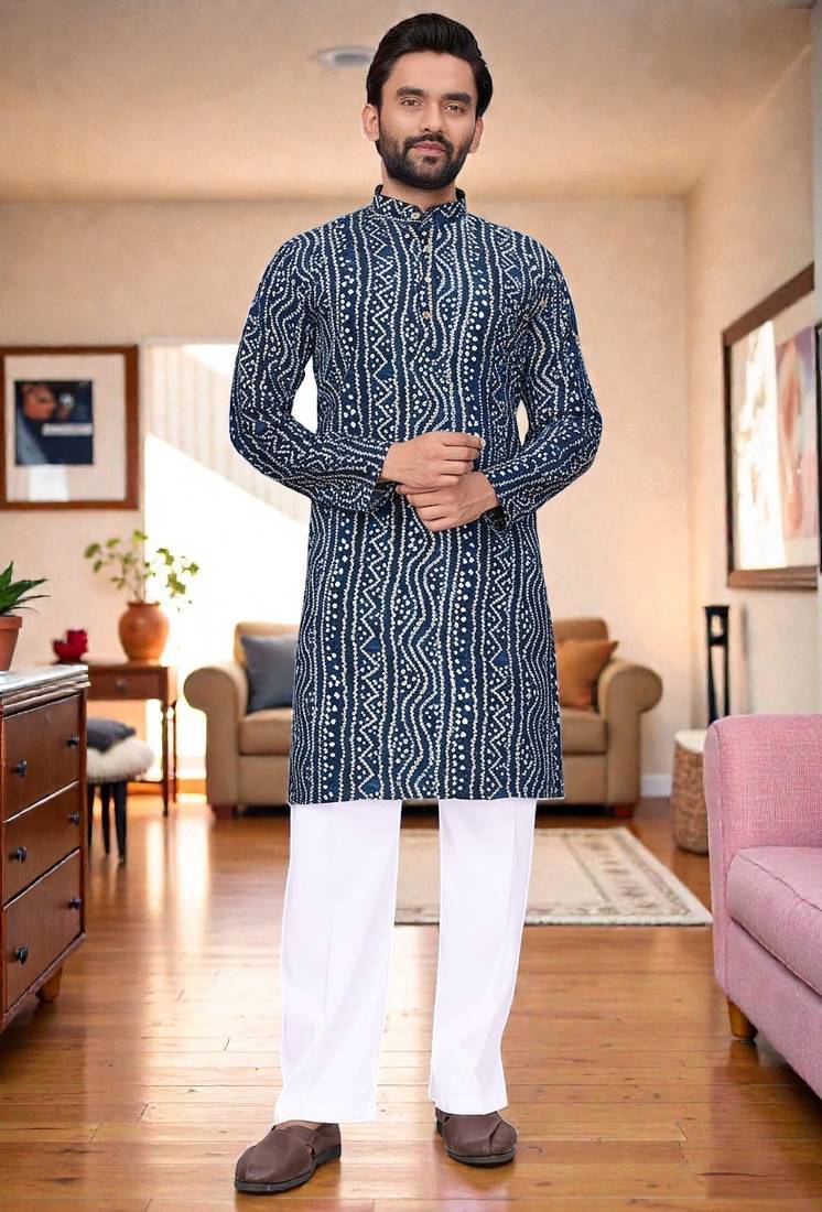  blue  bandhej foil print  men's rayon  kurta