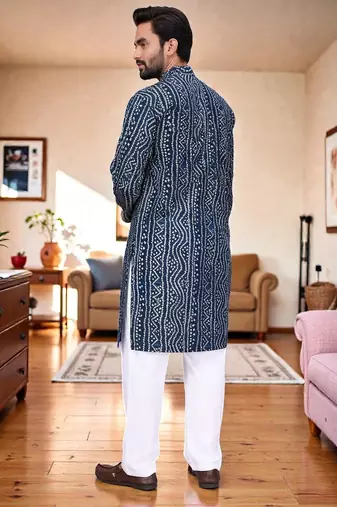  blue  bandhej foil print  men's rayon  kurta