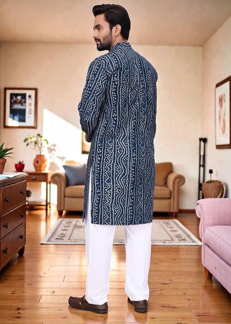  blue  bandhej foil print  men's rayon  kurta