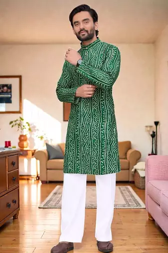  green   bandhej foil print  men's rayon  kurta