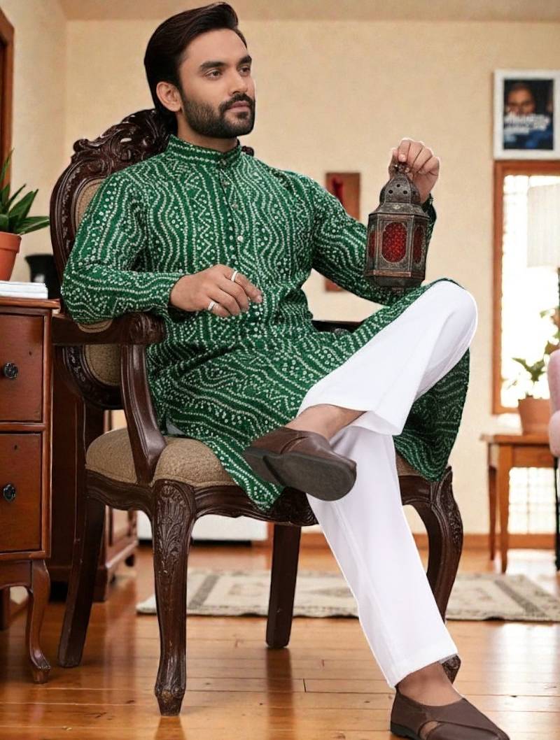  green   bandhej foil print  men's rayon  kurta