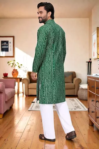  green   bandhej foil print  men's rayon  kurta