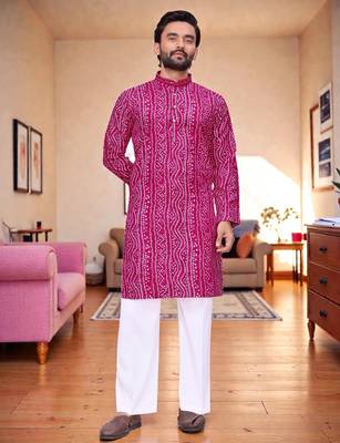  pink   bandhej foil print  men's rayon  kurta 1
