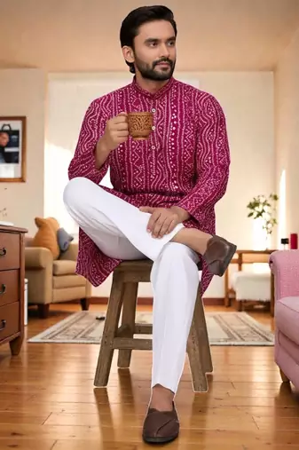  pink   bandhej foil print  men's rayon  kurta