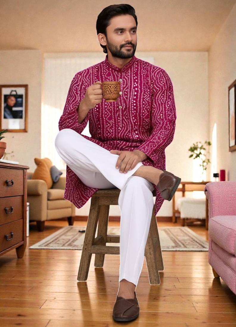  pink   bandhej foil print  men's rayon  kurta