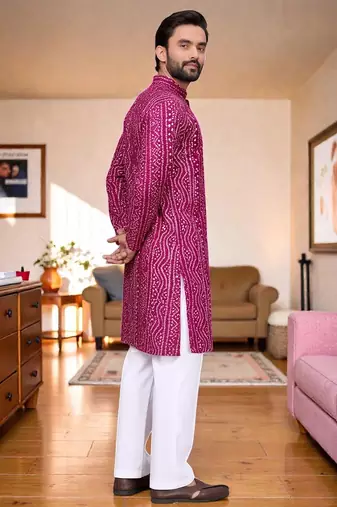  pink   bandhej foil print  men's rayon  kurta