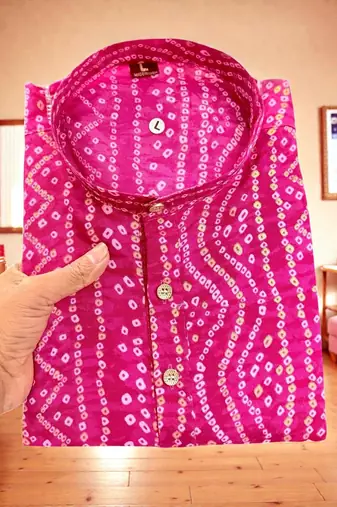  pink   bandhej foil print  men's rayon  kurta