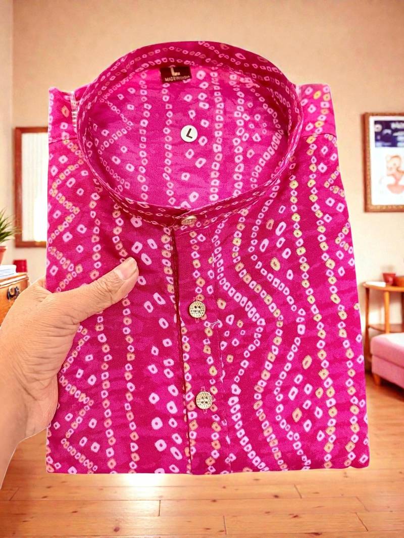  pink   bandhej foil print  men's rayon  kurta