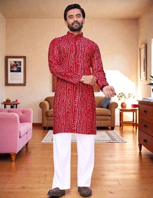  red  bandhej foil print  men's rayon  kurta 1