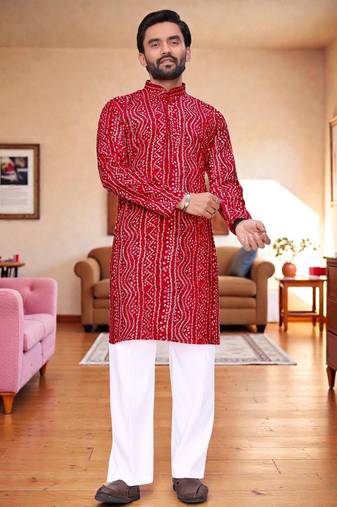  red  bandhej foil print  men's rayon  kurta