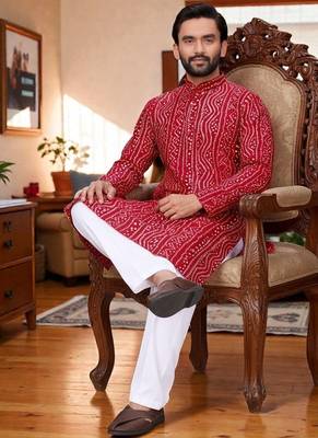  red  bandhej foil print  men's rayon  kurta 2
