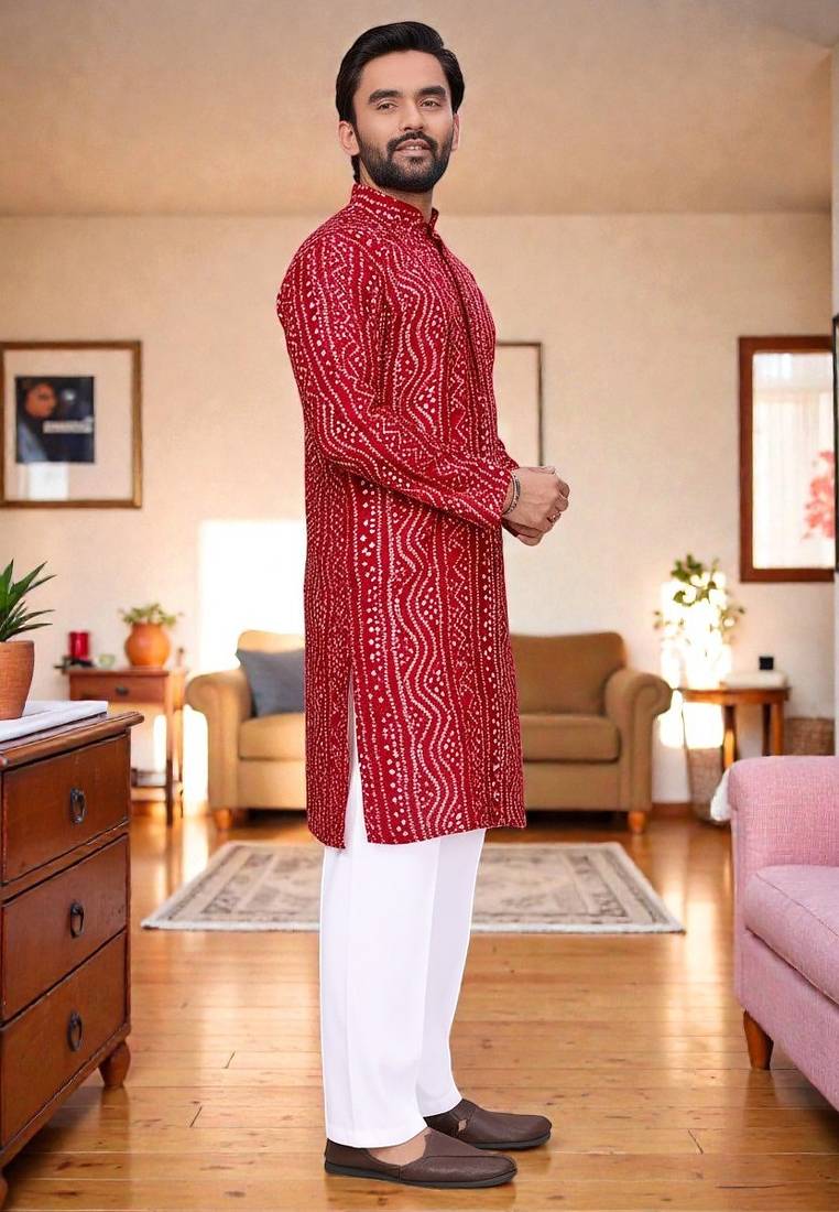  red  bandhej foil print  men's rayon  kurta